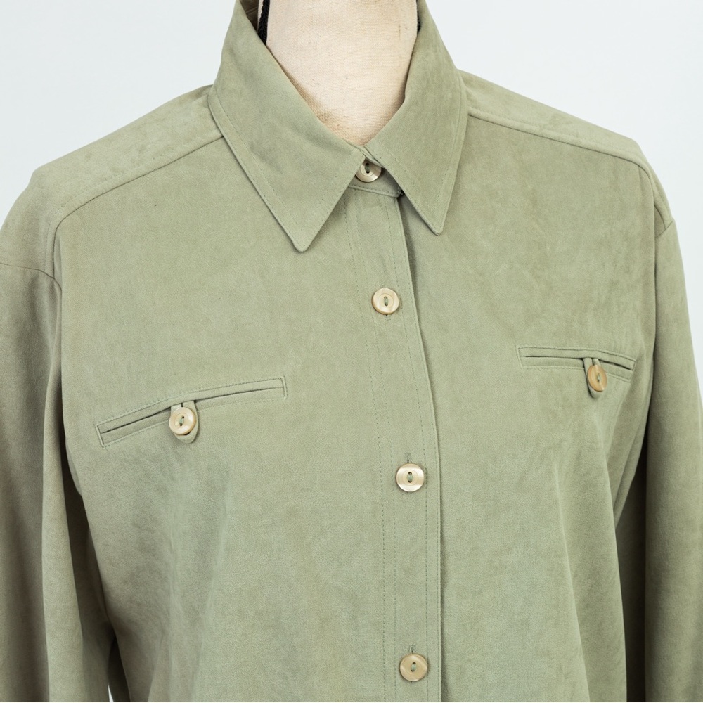 Pistachio green faux suede textured fabric button down shacket Studio C M Y2K